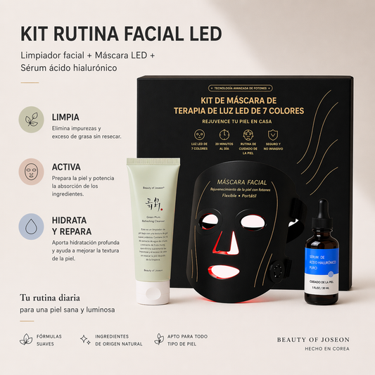 KIT Máscara led 7 colores + Limpiador facial y Sérum ácido hialurónico K-BEAUTY