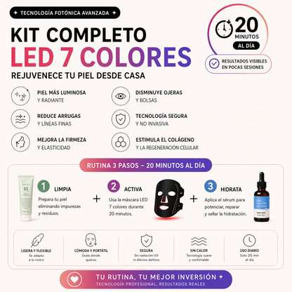 KIT Máscara led 7 colores + Limpiador facial y Sérum ácido hialurónico K-BEAUTY