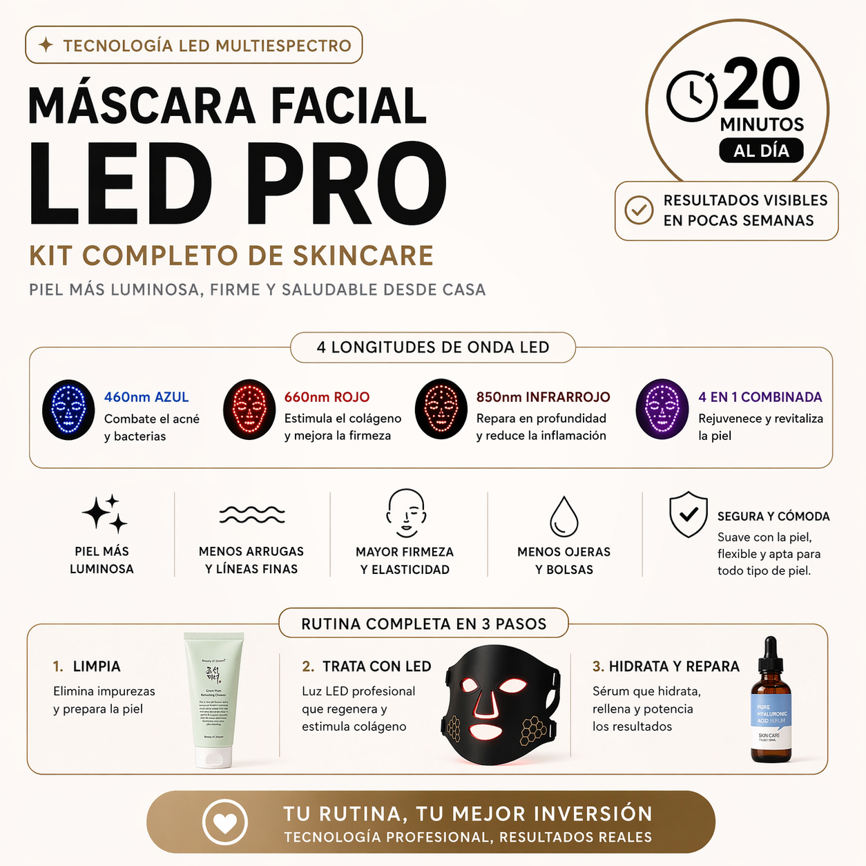 KIT Máscara LED PRO + Limpiador facial y Sérum ácido hialurónico K-BEAUTY