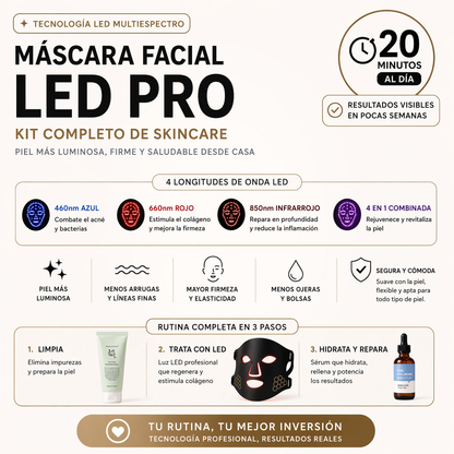 KIT Máscara LED PRO + Limpiador facial y Sérum ácido hialurónico K-BEAUTY