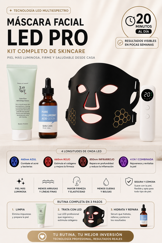 Kit máscara facial led pro + limpiador + sérum