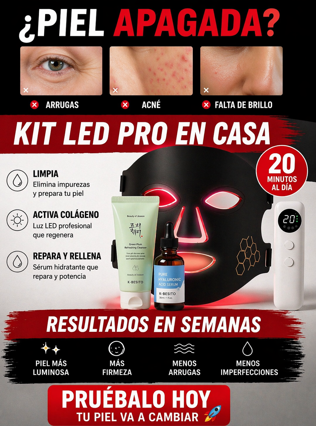 Kit máscara facial led pro + limpiador + sérum