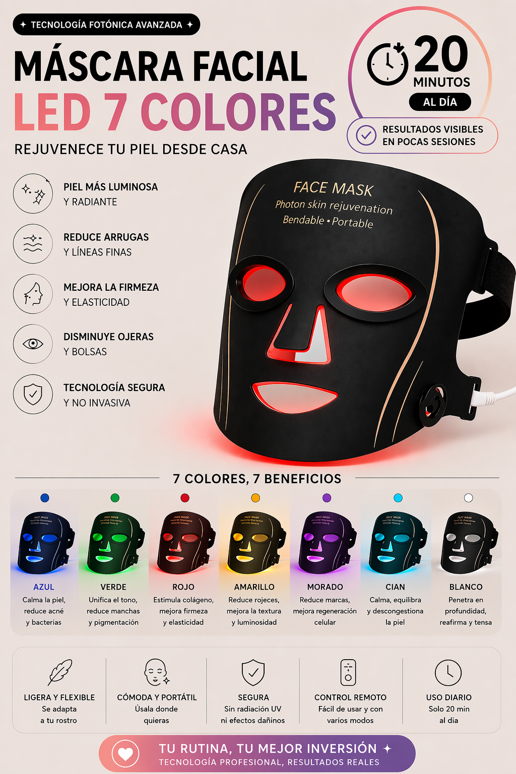 Máscara facial led 7 colores